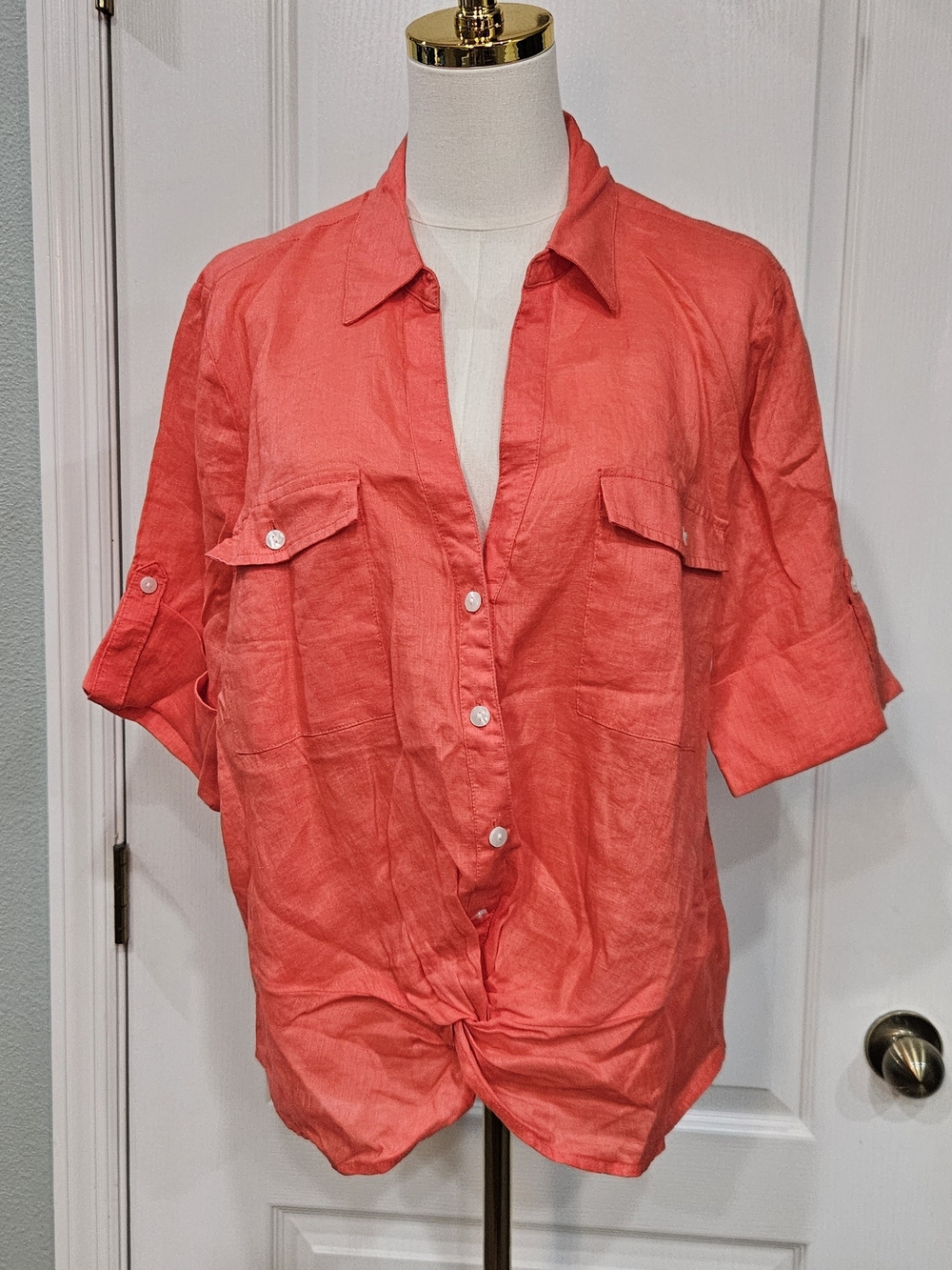 INC International Concepts Coral Button-Front Linen Shirt with Front Tie